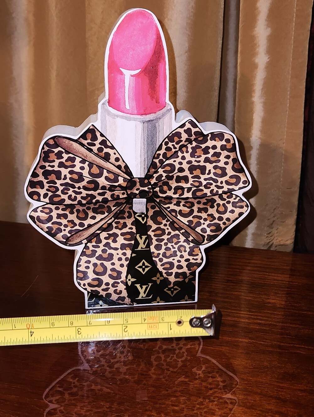 Wooden Lux Logo Pink Lipstick Shaped Decorative 3D Top Shelf Leopard Bow Decor - Picture 7 of 7